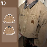 FOESCE American Gradient Denim Jacket Mens Trend Multi Pocket Lapel Color Blocking College Coats Zipper Loose Short High Street Outwear