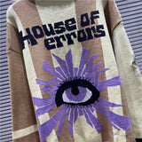 FOESCE American High Street House of Error Eye Truth Irregular Stripes Five Color Jacquard Embroidery Polo Collar Long Sleeve Sweater