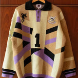 FOESCE American High Street House of Error Eye Truth Irregular Stripes Five Color Jacquard Embroidery Polo Collar Long Sleeve Sweater