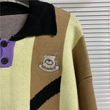 FOESCE American High Street House of Error Eye Truth Irregular Stripes Five Color Jacquard Embroidery Polo Collar Long Sleeve Sweater