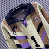 FOESCE American High Street House of Error Eye Truth Irregular Stripes Five Color Jacquard Embroidery Polo Collar Long Sleeve Sweater