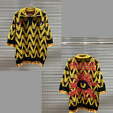 FOESCE American High Street House of Error Eye Truth Irregular Stripes Five Color Jacquard Embroidery Polo Collar Long Sleeve Sweater
