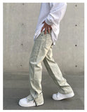 FOESCE American High Street Men's Jeans Casual Straight Stretch Fashion Vintage Washed Pants Zipper Split Denim Trousers Male Clothing