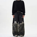 FOESCE American High Street Retro Camouflage Stitching Baggy Ripped Jeans Men 2025 Summer New Fashion Washed Straight Y2k Trousers Men