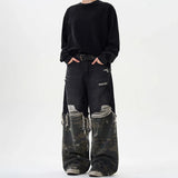 FOESCE American High Street Retro Camouflage Stitching Baggy Ripped Jeans Men 2025 Summer New Fashion Washed Straight Y2k Trousers Men