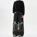 FOESCE American High Street Retro Camouflage Stitching Baggy Ripped Jeans Men 2025 Summer New Fashion Washed Straight Y2k Trousers Men