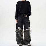 FOESCE American High Street Retro Camouflage Stitching Baggy Ripped Jeans Men 2025 Summer New Fashion Washed Straight Y2k Trousers Men
