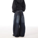 FOESCE American Retro Washed Letter Embroidered Jeans For Men 2025 Summer New Fashion Trend High Street Straight Baggy Wide Leg Pants
