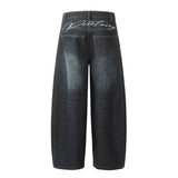 FOESCE American Retro Washed Letter Embroidered Jeans For Men 2025 Summer New Fashion Trend High Street Straight Baggy Wide Leg Pants