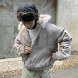 FOESCE American Retro Woolen Collar Hooded Cotton Jacket Winter Thick Plush Top Men Street Hip-Hop Gothic Harajuku Oversize Jacket Coat
