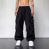 FOESCE American Style Casual Pants Cargo Trousers High Street Drawstring Workwear Trendy Loose Versatile Straight Wide-Leg Casual Pants