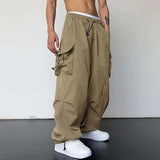 FOESCE American Style Casual Pants Cargo Trousers High Street Drawstring Workwear Trendy Loose Versatile Straight Wide-Leg Casual Pants