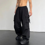 FOESCE American Style Casual Pants Cargo Trousers High Street Drawstring Workwear Trendy Loose Versatile Straight Wide-Leg Casual Pants