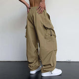 FOESCE American Style Casual Pants Cargo Trousers High Street Drawstring Workwear Trendy Loose Versatile Straight Wide-Leg Casual Pants