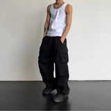 FOESCE American Style Casual Pants Cargo Trousers High Street Drawstring Workwear Trendy Loose Versatile Straight Wide-Leg Casual Pants