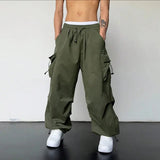FOESCE American Style Casual Pants Cargo Trousers High Street Drawstring Workwear Trendy Loose Versatile Straight Wide-Leg Casual Pants