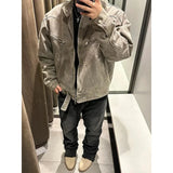 FOESCE American Style Vintage Grey Stand Collar Denim Jacket For Men Spring Autumn Cropped Harington Trendy Couple Matching
