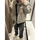 FOESCE American Style Vintage Grey Stand Collar Denim Jacket For Men Spring Autumn Cropped Harington Trendy Couple Matching