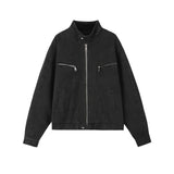 FOESCE American Style Vintage Grey Stand Collar Denim Jacket For Men Spring Autumn Cropped Harington Trendy Couple Matching