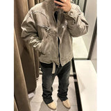 FOESCE American Style Vintage Grey Stand Collar Denim Jacket For Men Spring Autumn Cropped Harington Trendy Couple Matching