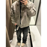 FOESCE American Style Vintage Grey Stand Collar Denim Jacket For Men Spring Autumn Cropped Harington Trendy Couple Matching