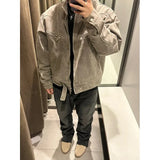 FOESCE American Style Vintage Grey Stand Collar Denim Jacket For Men Spring Autumn Cropped Harington Trendy Couple Matching