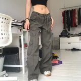 FOESCE American Style Vintage Multi-pocket Distressed Cargo Pants Loose Fit Slimming Straight-leg Casual Trousers For Men Women