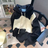 American Style Vintage Unique Hooded Sweatshirt For Men Loose Fit Spring Autumn Chic Hong Kong Flavor Patchwork Fabric Jacket