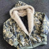 FOESCE American Vintage Camouflage Plush Hat Jacket Y2K High Street Hip hop Harajuku Loose Women Make Old Hoodies Fashion Streetwear