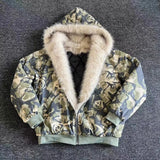 FOESCE American Vintage Camouflage Plush Hat Jacket Y2K High Street Hip hop Harajuku Loose Women Make Old Hoodies Fashion Streetwear
