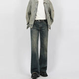 FOESCE American Vintage Wash Micro-flared Jeans, Men's Four Seasons New Fashion Loose Straight Wide-leg Pants,Casual Floor-length Jeans