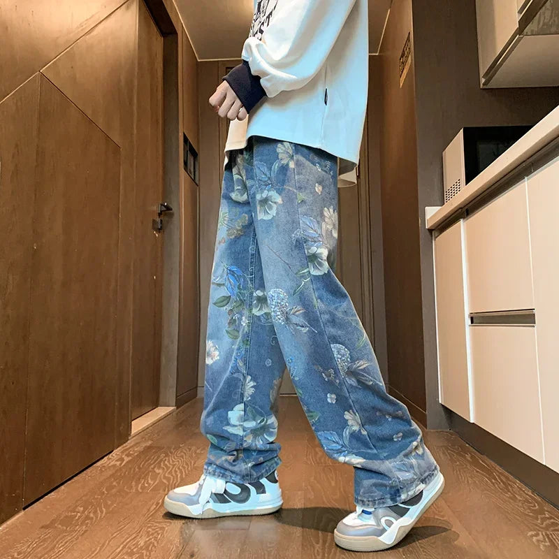 Foesce Autumn Floral Printed Jeans For Men New Y2K Vintage Denim Pants Hip Hop Fashion Wide-leg Baggy Jean Streetwear Trousers