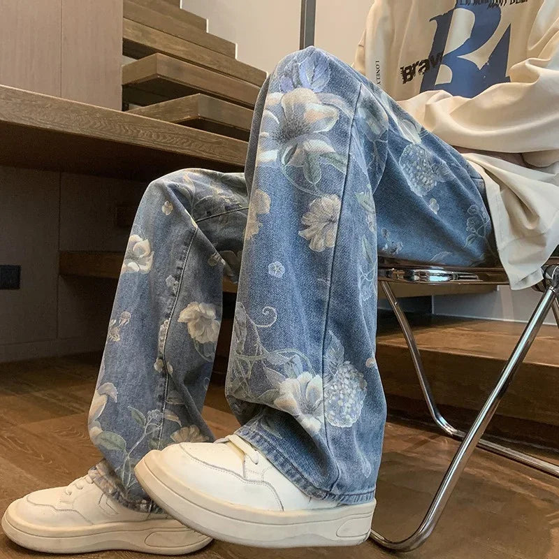 Foesce Autumn Floral Printed Jeans For Men New Y2K Vintage Denim Pants Hip Hop Fashion Wide-leg Baggy Jean Streetwear Trousers