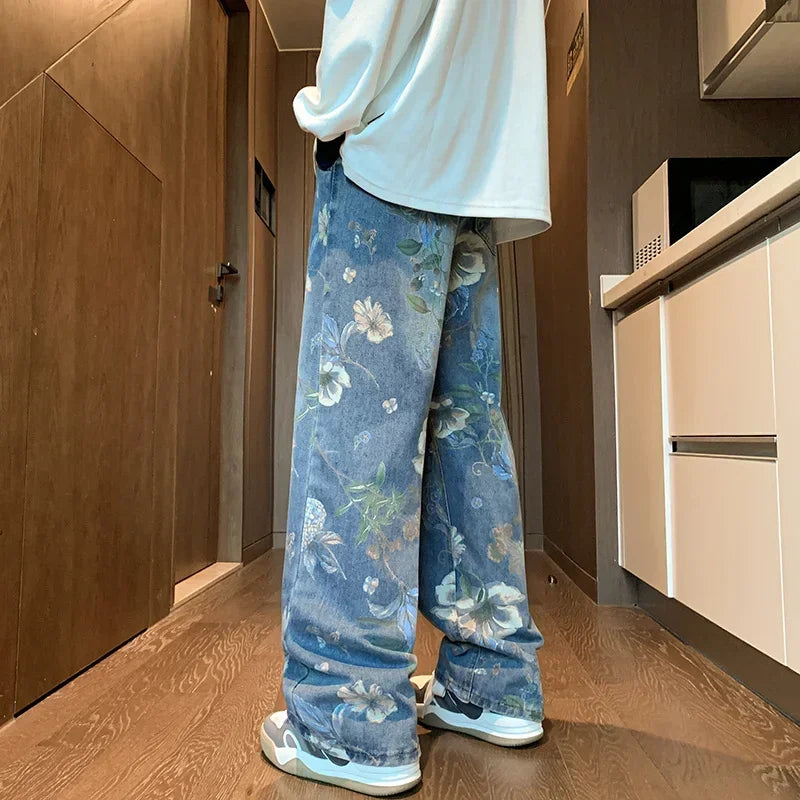 Foesce Autumn Floral Printed Jeans For Men New Y2K Vintage Denim Pants Hip Hop Fashion Wide-leg Baggy Jean Streetwear Trousers