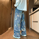 Foesce Autumn Floral Printed Jeans For Men New Y2K Vintage Denim Pants Hip Hop Fashion Wide-leg Baggy Jean Streetwear Trousers
