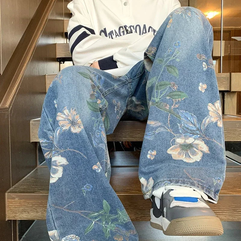 Foesce Autumn Floral Printed Jeans For Men New Y2K Vintage Denim Pants Hip Hop Fashion Wide-leg Baggy Jean Streetwear Trousers