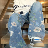Foesce Autumn Floral Printed Jeans For Men New Y2K Vintage Denim Pants Hip Hop Fashion Wide-leg Baggy Jean Streetwear Trousers