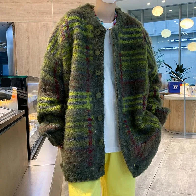 FOESCE Autumn Korean Fashion Striped Cardigan Sweater For Men Vintage Casual Button Knitwears High Street Baggy Y2K Sweaters Jacket