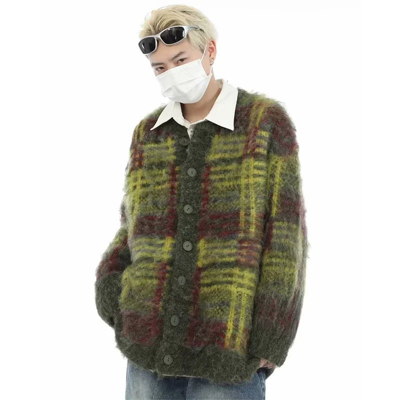 FOESCE Autumn Korean Fashion Striped Cardigan Sweater For Men Vintage Casual Button Knitwears High Street Baggy Y2K Sweaters Jacket
