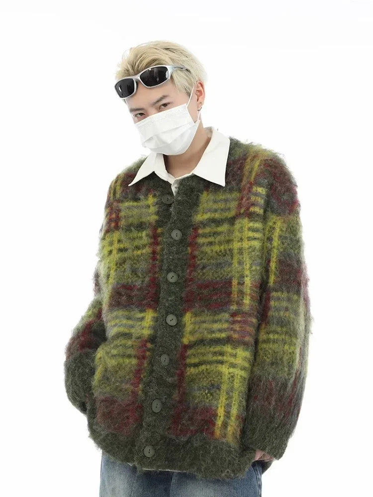 FOESCE Autumn Korean Fashion Striped Cardigan Sweater For Men Vintage Casual Button Knitwears High Street Baggy Y2K Sweaters Jacket