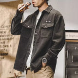 FOESCE Autumn Long Sleeve Corduroy Shirts Men's Korean Fashion Y2K Vintage Casual Baggy Blouses Appliques Streetwear Cargo Shirt