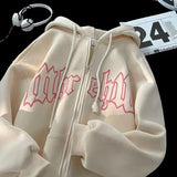 FOESCE Autumn Men's Letter Foam Print Zip up Hoodies Y2K Goth Streetwear Loose Sweatshirts Female Hip Hop Oversized Hoodie Tracksuit