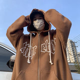 FOESCE Autumn Men's Letter Foam Print Zip up Hoodies Y2K Goth Streetwear Loose Sweatshirts Female Hip Hop Oversized Hoodie Tracksuit