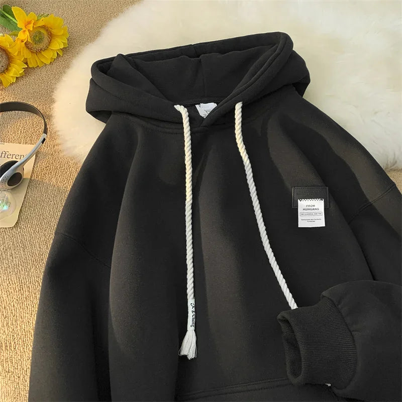 FOESCE Autumn New in Solid Color Hooded Sweatshirts For Men Y2K Streetwear Appliques Hoodies Women Oversized Fleece Pullover Hoody