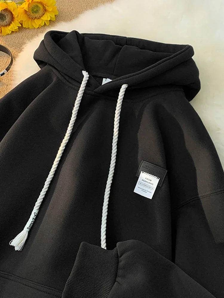 FOESCE Autumn New in Solid Color Hooded Sweatshirts For Men Y2K Streetwear Appliques Hoodies Women Oversized Fleece Pullover Hoody