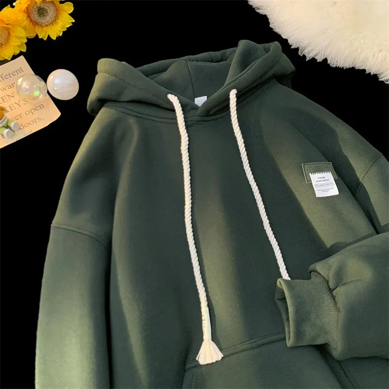 FOESCE Autumn New in Solid Color Hooded Sweatshirts For Men Y2K Streetwear Appliques Hoodies Women Oversized Fleece Pullover Hoody