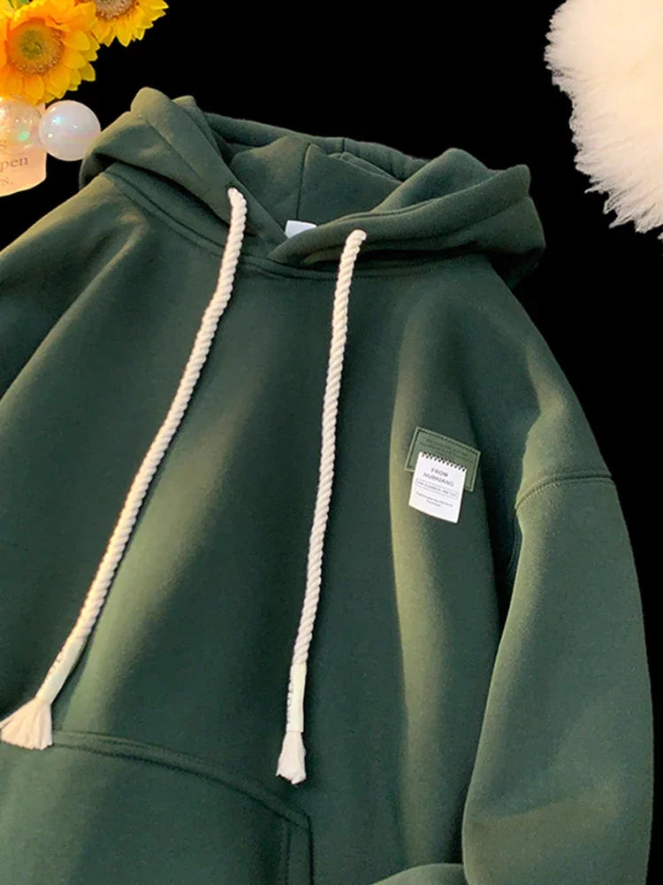 FOESCE Autumn New in Solid Color Hooded Sweatshirts For Men Y2K Streetwear Appliques Hoodies Women Oversized Fleece Pullover Hoody