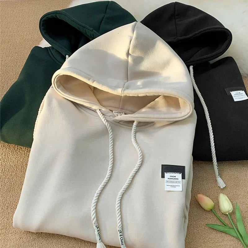 FOESCE Autumn New in Solid Color Hooded Sweatshirts For Men Y2K Streetwear Appliques Hoodies Women Oversized Fleece Pullover Hoody