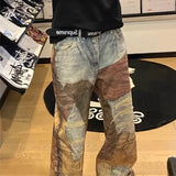 FOESCE Autumn Retro 3D Printed Patchwork Baggy Jeans Men's Ripped Straight Wide-Leg Denim Trousers 2025 Y2K Streetwear Distressed Jean
