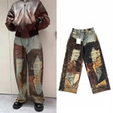 FOESCE Autumn Retro 3D Printed Patchwork Baggy Jeans Men's Ripped Straight Wide-Leg Denim Trousers 2025 Y2K Streetwear Distressed Jean